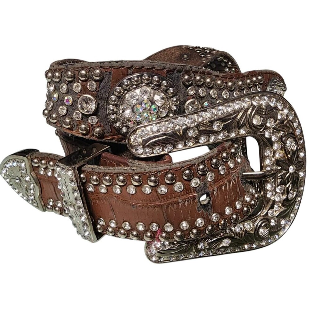 Vintage SPARKLE Leather Rhinestone Concho Belt Length 45" Western Cowgirl Boho